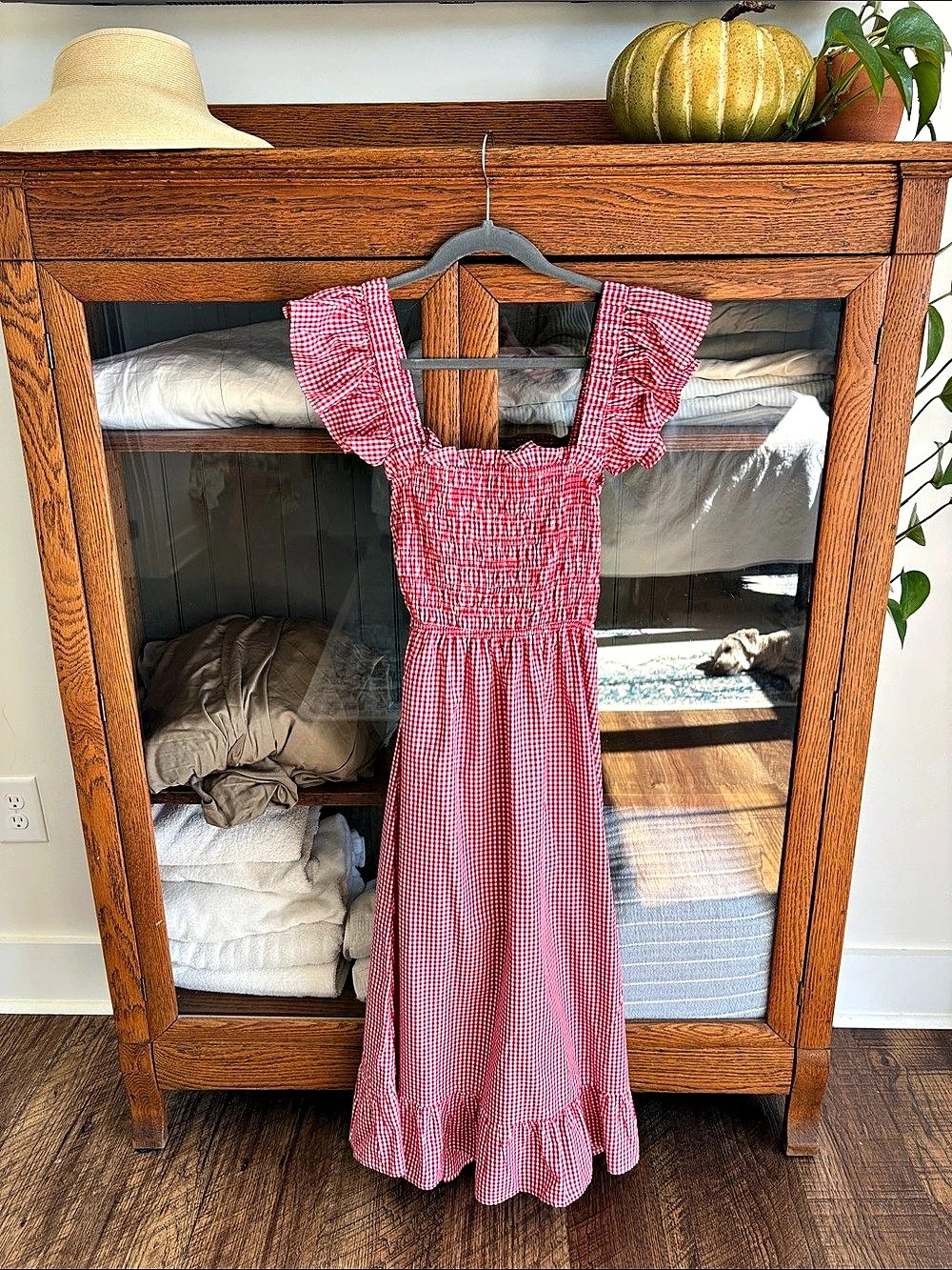 Sim & Sam Red Gingham Smock Flutter Slv Poplin Maxi Dress Red & White Medium
